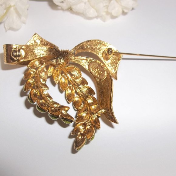 Joan Rivers Signed Gold Bow Brooch Green Leaves Laurel Corsage Pin Tack 7407 - Picture 5 of 7